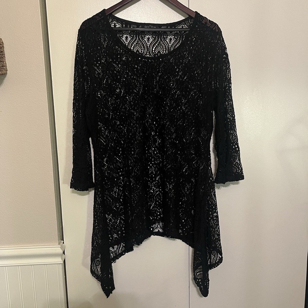 Whimsy Goth Black Crochet Lace Slinky Brand Shark Bite‎ Hem Top Tunic Size XL